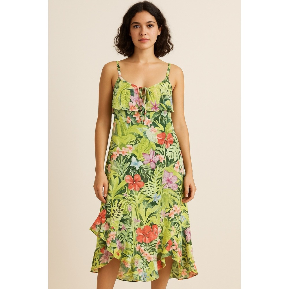 Tommy Bahama Tropolicious Women's S Green Dress Maxi Ruffle Resort Floral Hi-Low